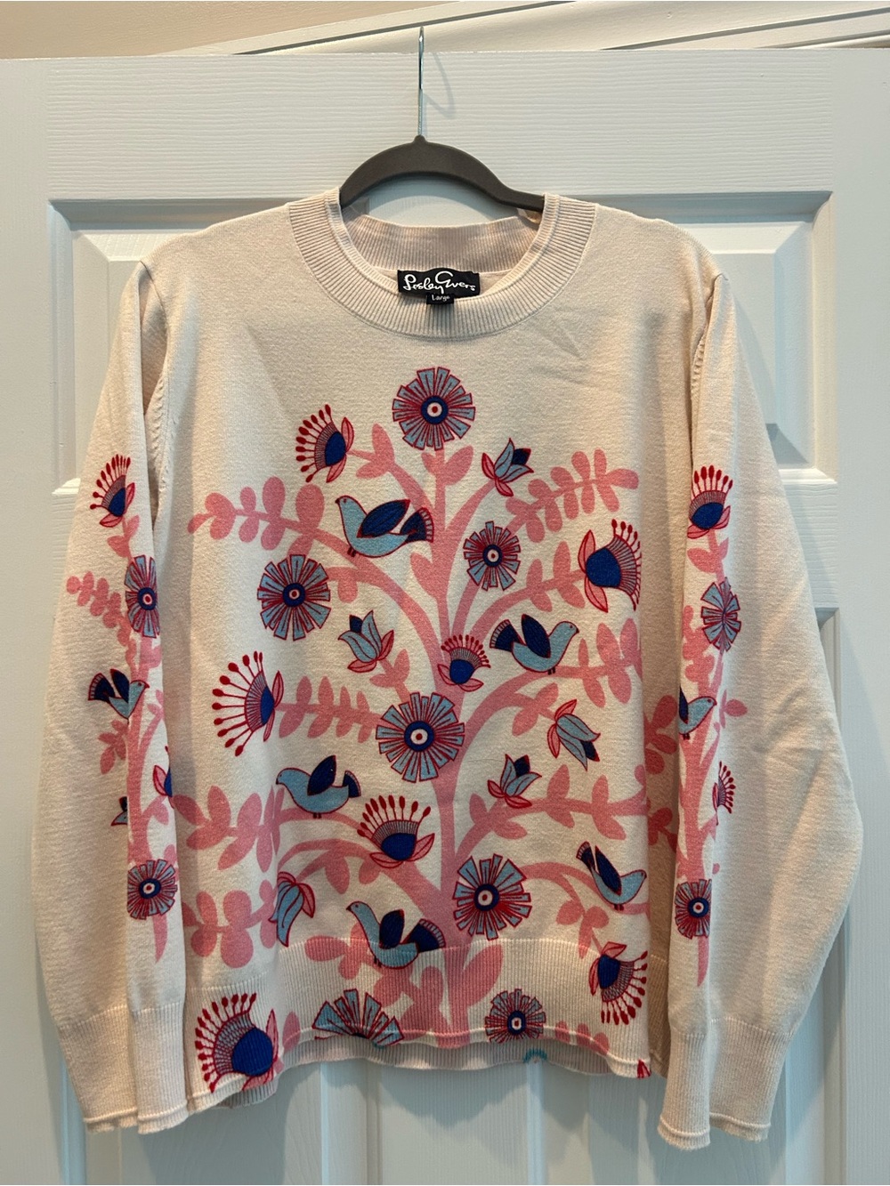 AMELIA Sweater Doves Pink by Lesley Evers - Cream Sweater with Pink & Blue